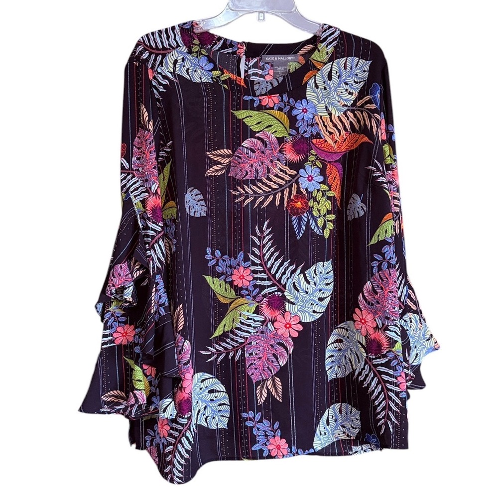 Kate & Mallory Womens 2X Tropical Floral Ruffle Bell Sleeve Blouse Black Fairy